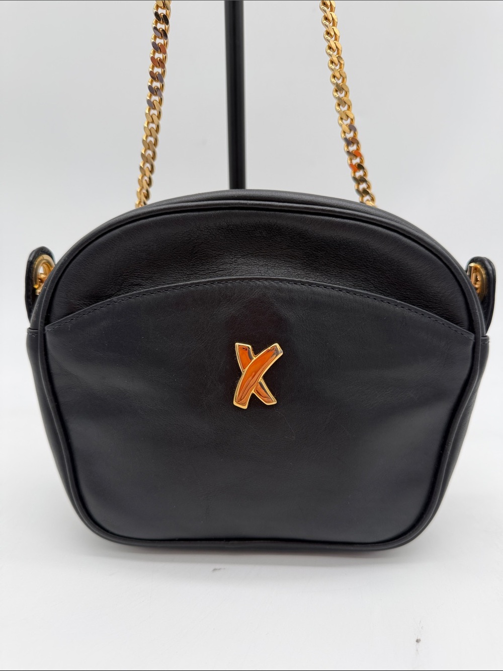 Vintage Paloma Picasso Black Leather Shoulder Bag with Gold Chain